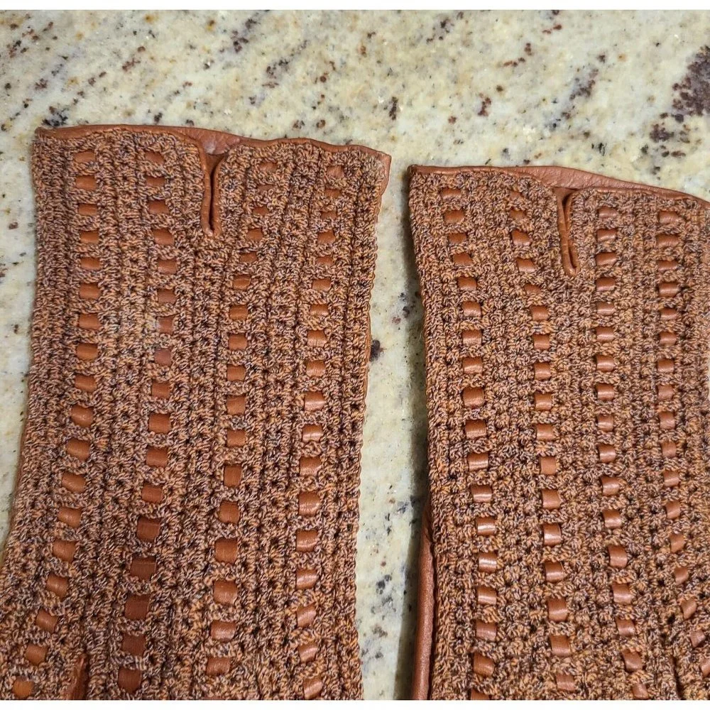 Vintage Size M 7 Brown Leather And Knit Handmade Gloves Hammer Of Hollywood